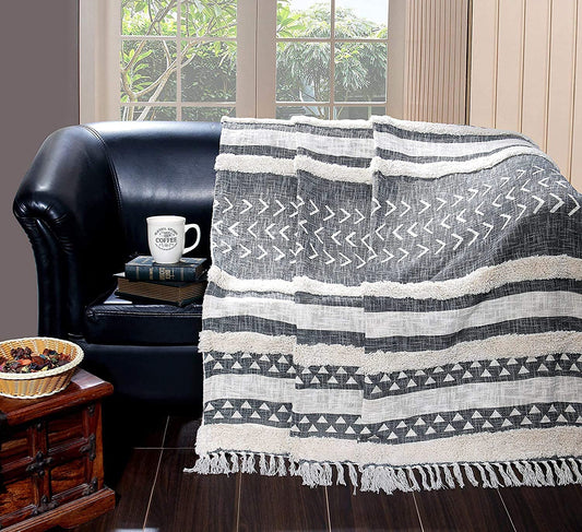 TIO's Cotton Throw Blanket - Soft & Cozy Sofa and Couch Accent - Grey with White Strips,Pack of 1