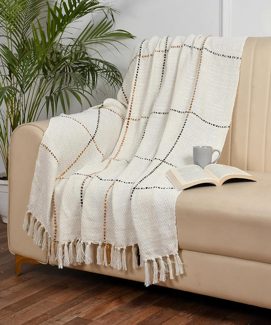 TIO'S Natural Multi Grid Patterned Handwoven Cotton Throw | Ideal for Your Home, Living Room, Sofa, Bed, Chair, Picnic & Used for Gift | 130X160 cm