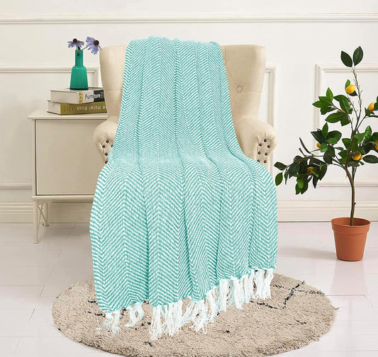 TIO'S Hand-Knitted Pure Cotton Sofa Throw | Soft and Cozy Decorative Throw | 82x52 Inches / 208x132 Cms | Arctic Blue with Tassels | Reversible and Breathable (Pack of 1)