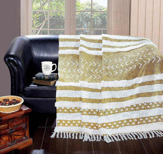 TIO's Cotton Throw Blanket - Soft & Cozy Sofa and Couch Accent - Yellow with White Strips,Pack of 1