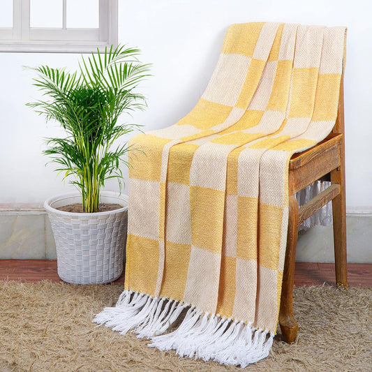 TIO's Soft Chenille Cotton Throw with Fringe Tassels | 50 x 60 inches, Yellow