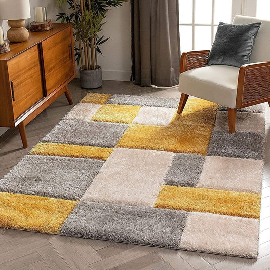 The Indie Odyssey's handwoven 3D Carved Super Soft Collection Modern Area Rug, Carpet Multiple size Yellow Grey, Rectangular - The Indie Odyssey