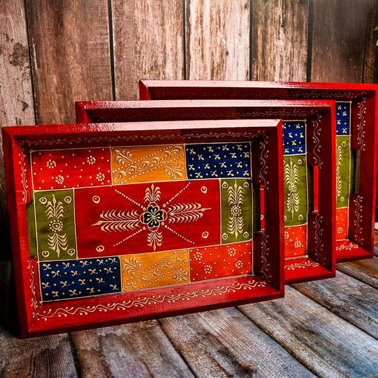 TIO's Wooden Serving Tray Set- Handcrafted & Hand-Painted For Kitchen/Table & Home Decor/Dinning/Gifts/Restaurants/Living Room/Coffee Table (Set of 3 Trays, Antique Red Rectangular)