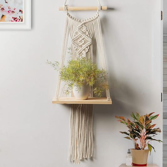 TIO's Macramé Wooden Wall Hanging Shelf Modern Chic Woven Macrame Tapestries, Wall Art Home Decor, Beige 83 x 30cm