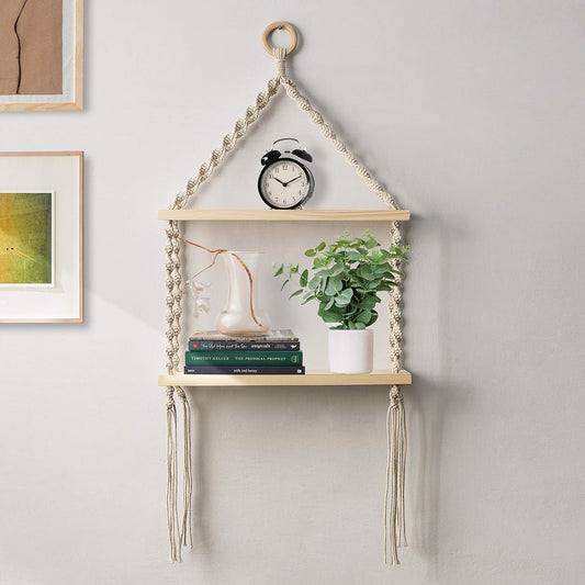 TIO's Macrame Wall Hanging Shelf Bohemian Designs Home Decor Pine Wooden Shelves and Cotton Cord