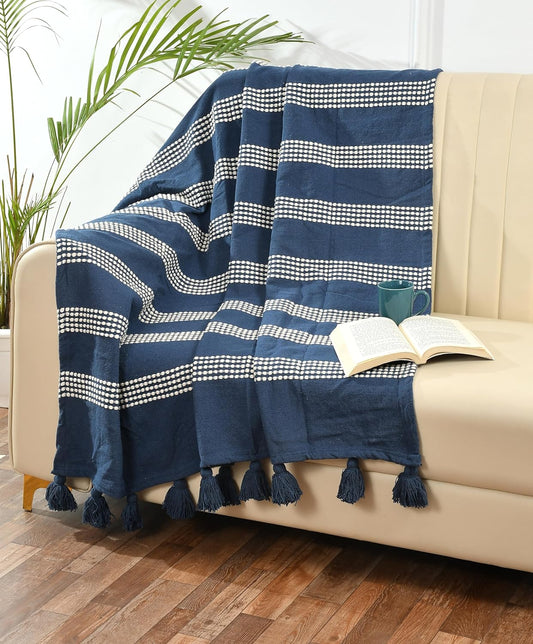 TIO'S Navy Striped Cotton Throw | Ideal for Your Home, Living Room, Sofa, Bed, Chair, Picnic & Used for Gift | 125X150 cm