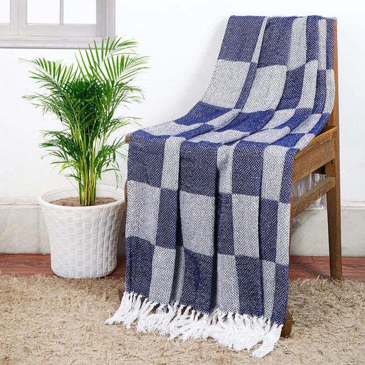 TIO's Soft Chenille Cotton Throw with Fringe Tassels | 50 x 60 inches, Navy Blue