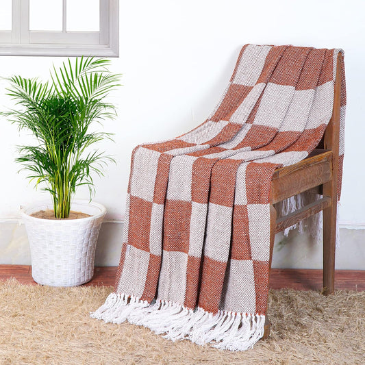 TIO's Soft Chenille Cotton Throw with Fringe Tassels | 50 x 60 inches, Rust Orange