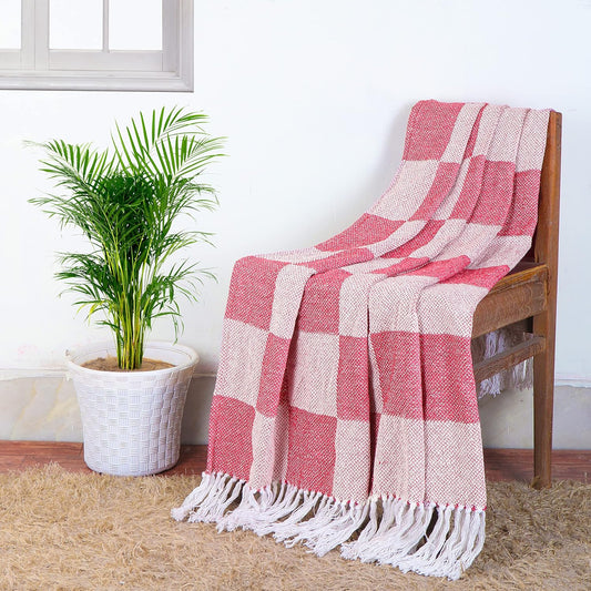 TIO's Soft Chenille Cotton Throw with Fringe Tassels | 50 x 60 inches, Pink